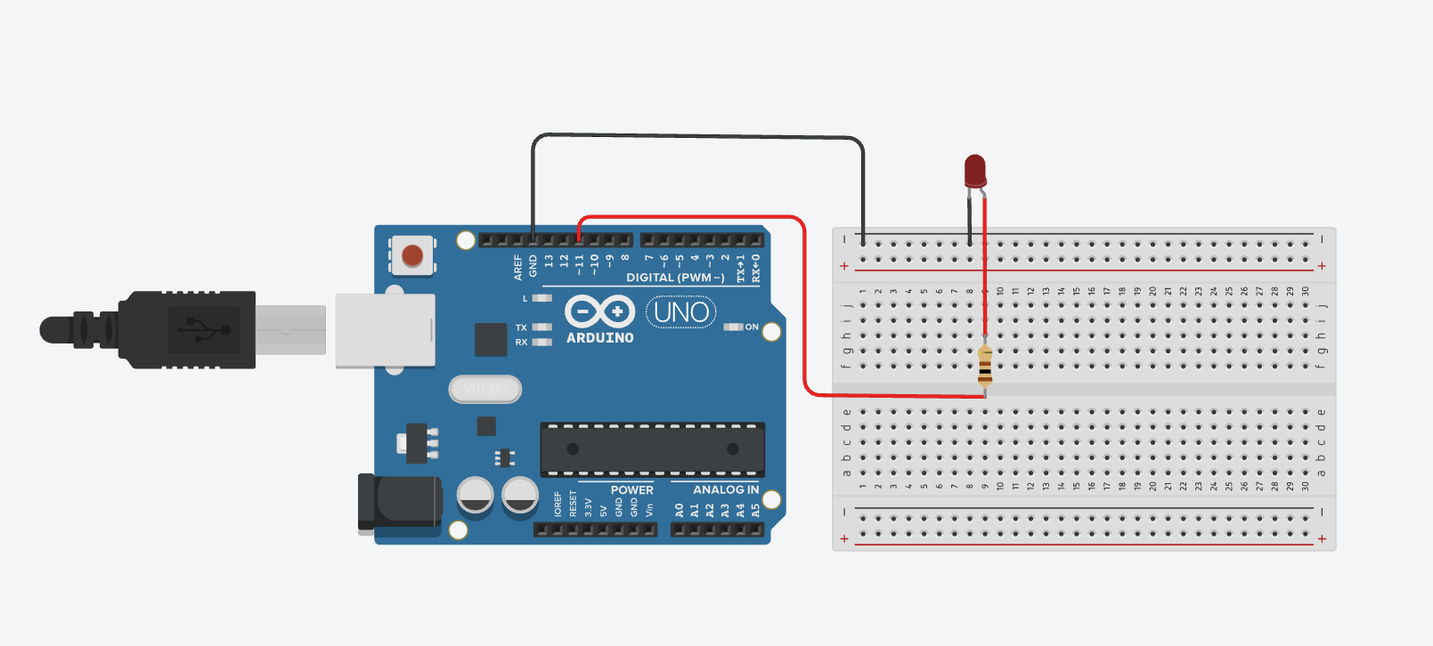 Circuito do Fade-In montado no Tinkercad: Arduino UNO, resistor e LED