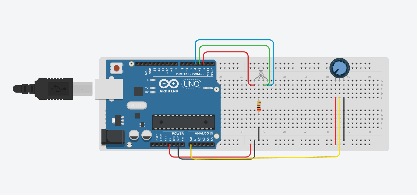 Circuito completo do LED RGB com potenciômetro montado no Tinkercad, LED apagado