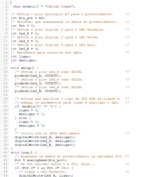 Código utilizado para controlar o LED RGB, parte 1