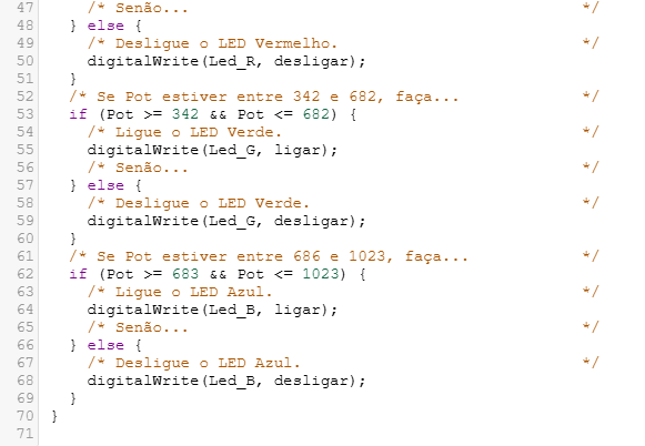 Código utilizado para controlar o LED RGB, parte 2
